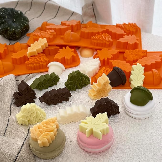 3Pack Fall Chocolate Mold Thanksgiving Silicone Candy Molds Halloween Autumn Harvest Festival Baking Mold Chestnuts, Pine Cones, Maple Leaves Acorn Shape Cake Molds for Cake Cupcake Toppers
