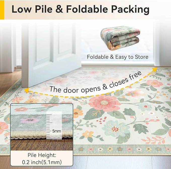 RELEANY Floral Washable 6x9 Area Rugs Beige/Green | Flower Carpet Print Boho - Image 5