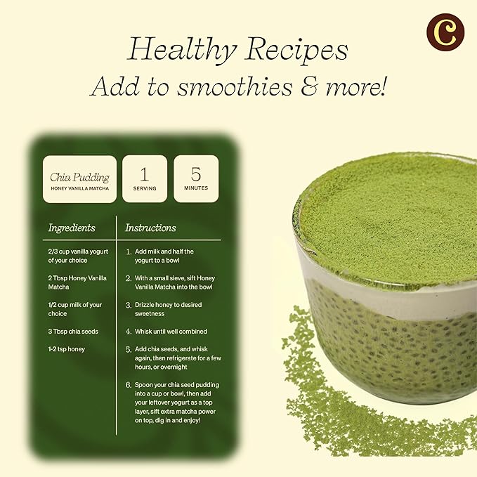 Clevr Blends Organic Honey Vanilla Matcha SuperLatte, Instant Ceremonial Grade, Superfood Powder Blend, Oat Milk, Lions Mane, Reishi Mushroom, Coconut Cream, Ashwagandha, Serve Hot or Iced (14 Lattes)