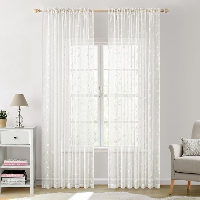 MIULEE Ivory Sheer Curtains 2 Panels Embroidered Leaf Patterned, W52 x L96 | - Image 2