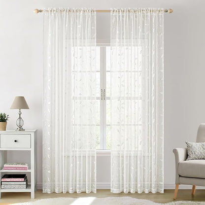 MIULEE Ivory Sheer Curtains 2 Panels Embroidered Leaf Patterned, W52 x L96 | - Image 2