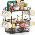 EsLuker.ly Coffee Mug Cup Holder Stand Bar Station Organizer for Countertop, Multi-Functional 2 Tier Mug Tree Rack for Kitchen, Storage Shelf with 12 Hooks, Brown-Black(Patented Design)