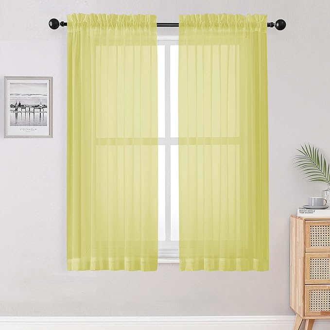 Sheer Lemon Curtains for Bedroom Living Room 63 Inch Length 2 Panels Set by OWENIE