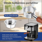 54mm Bottomless Portafilter - 3-Ear Stainless Steel - For Breville Barista Express (BES870, 878, 875, 840, Duo-Temp Pro) - Solid Wood Handle
