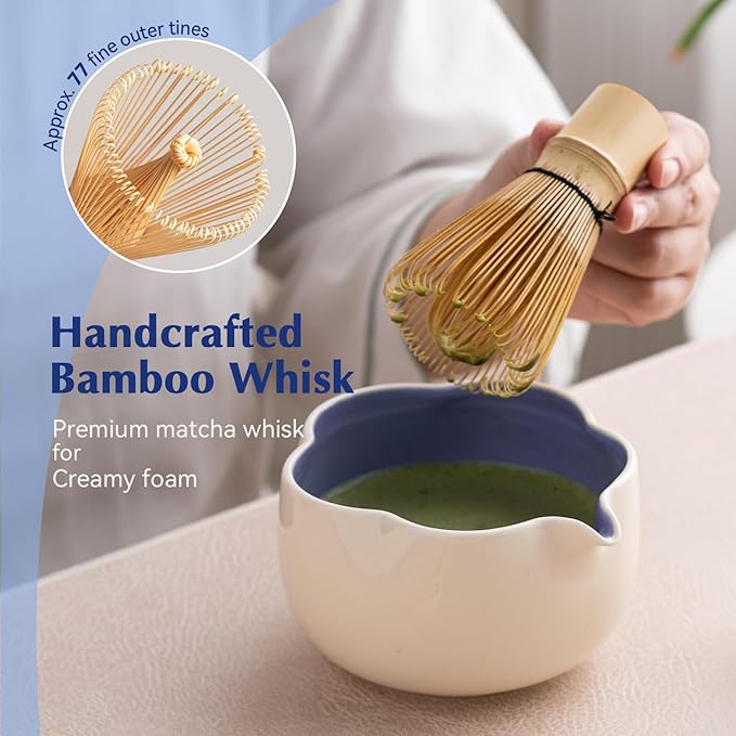 Matcha Set, 8Pcs Floral Ceramic Matcha Set with Matcha Whisk, Holder, Scoop, Scoop Rest, Sifter, Spoon and Tea Towel - Thoughtful Matcha Whisk Set Gift for Matcha Lovers (Beige & Blue)