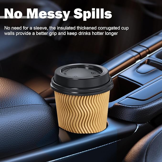 80 Pack 16 OZ Disposable Coffee Cups with Lids and Straws, Insulated Paper Coffee Cups with Lids, Corrugated Ripple Wall To Go Cups for Hot Drink, Coffee, Hot Chocolate, Water, Juice - Champagne