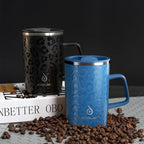 Ideus Vacuum Insulated Coffee Mug, 16oz Reusable Stainless Steel Thermal Double Walled cup with Handle and Slider Lid for Hot & Cold Beverages, BPA Free (Leapord Blue)