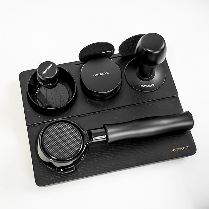 Normcore Tamping Station - Black Oak Wood Espresso Tamping Mat - Wooden Tamping Mat for 51/54/58mm Portafilter, Tamper, Distributor, Puck Screen and Portafilter - Natural Black Stained Oak Wood