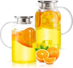 Round Glass Pitcher with Lid & Spout, 2 Pack 1.8L 60 Oz – Water Pitcher with Handle for Fridge, Brosilicate Glass Carafe Hot & Cold Drink, Large Jug for Icead Tea Coffe Juice, Jarra De Vidrio Con Tapa