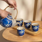 Japanese Tea Set, 25 oz Ceramic Tea Sets with Teapot and Cup Set for 4, Blue and White Tea Sets for Adults with Removable Stainless Infuser and Bamboo Tray, Tea Gifts Set for Tea Lovers