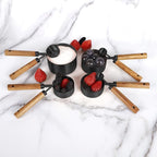 Collection 8 Piece Black Measuring Cups Set and Measuring Spoons, Golden With fragrant wood Handles-Complete Set of Measure Cups and Spoons For Cooking and Baking.