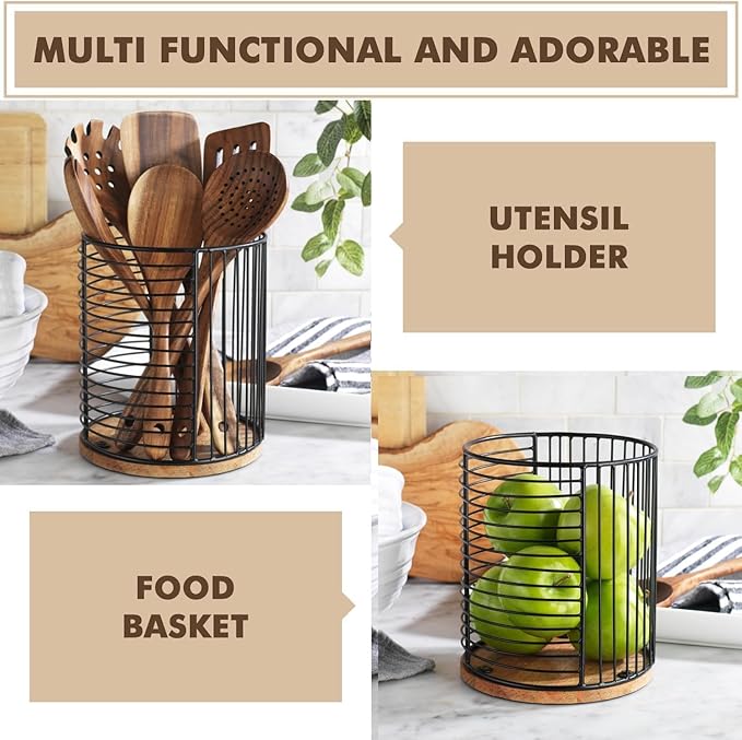 MosJos Coffee Pod Storage Holder, Metal Wire Basket with Wood Base, Countertop Coffee Capsule Organizer (89357)