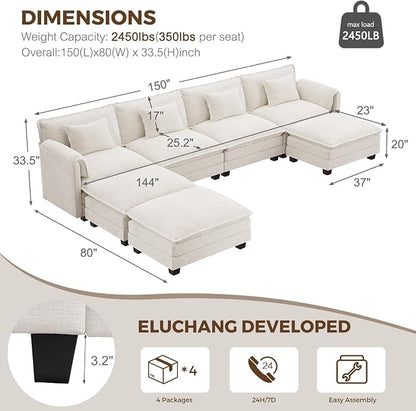ELUCHANG 150'' Modular Sectional Cloud Couch, Modern Comfy Chenille U Shaped - Image 2