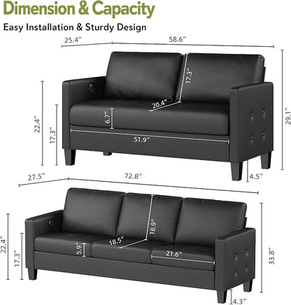 STHOUYN Black Faux Leather 3 Seater Sofa and Loveseat, Modern Comfy Office - Image 2