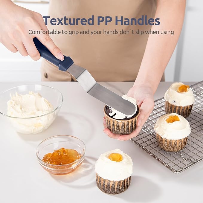U-Taste Offset Spatula for Cake: Angled Icing Spatula Set with Wide 6", 8", 10" Blade, Flexible Stainless Steel Pastry Decorating Frosting Metal Baking Spreader for Cupcake (Set of 3, Midnight Blue)
