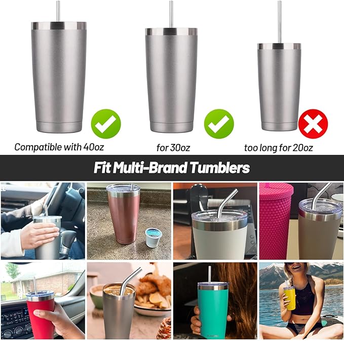 VEHHE Stainless Steel Stanley Straws, 4 Pack 12.5-inchs Long Reusable Stanley Cup Straw with Cleaning Brush (Silver)