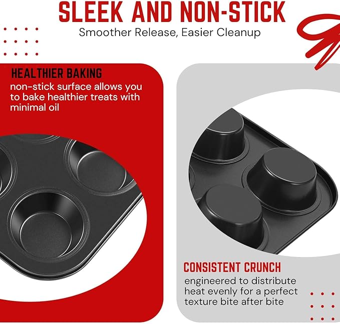 Flexzion Muffin Tray Cupcake Baking Pan 2 Pack, 6-Cup Nonstick Carbon Steel Muffin Tins Non-Stick Cupcake Tin Bakeware Accessories for Baking Cupcakes Muffin Brownies Snacks, Easy Clean, Fridge Safe