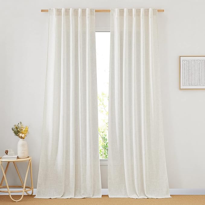 NICETOWN Linen Curtains 90 inches Long, Rod Pocket & Back Tab Semi Sheer Flax by NICETOWN