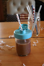 Brewing America Creamer Jar with Pouring Lid, 1 Pint (16 oz) Azure Mason Jar with Teal Wide Mouth Pour Lid for Milk, Sugar, and Cream, 1-Pack (Teal)