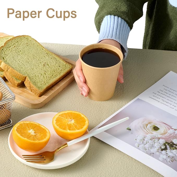 LITOPAK 100 Pack 10 oz Kraft Paper Coffee Cups for Water, Juice, and Tea, Disposable Hot Coffee Cups for Home, Restaurant, Store, and Cafe