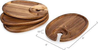 PICNIC TIME Wine Appetizer Plates, Set of 4 Wooden Cocktail Plates with Glass Holder, Mini Charcuterie Boards for Wine and Cheese Parties, Acacia Cheese Board Serving Trays (Oval - Acacia Wood)