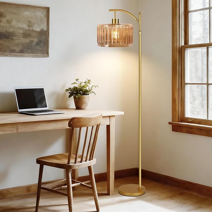 ILLMTW Glass Floor Lamp for Living Room, Dimmable Brass Tall Lamp Amber Flower - Image 6