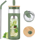 Kodrine 24oz Glass Tumbler with 2 Lids and Straws, Glass Cup With Bamboo Lid and On-the-go Lid, Reusable Iced Coffee Cup, Ideal for Smoothie, Cold Drinks, Fit Cup Holder, BPA Free (1, Olive)