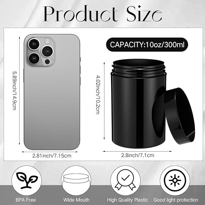 Patelai 4 Pieces Round Wide-mouth Leak Proof Plastic Container Jars with Lids for Travel Storage Makeup Beauty Products Face Creams Oils Salves Ointments DIY Making(10 Ounce,Pure Black)