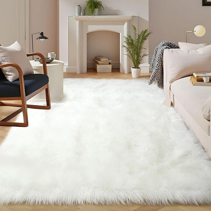 Latepis White Faux Fur 7'10"x9'10" Area Rug, Soft Plush Faux Fur Sheepskin Rugs by Latepis