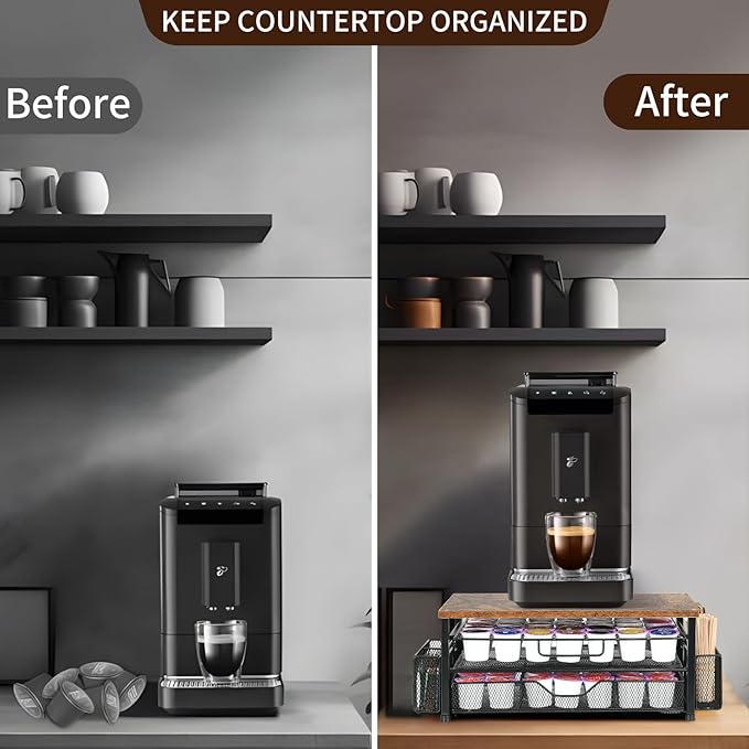 Spacrea K Cup Holder Organizer, Coffee Pod Holder for Countertop with 2 Tier Sliding Storage Drawer and Coffee Accessories Holder, 63 Large Capacity or 80 Small Capsules, Home Kitchen