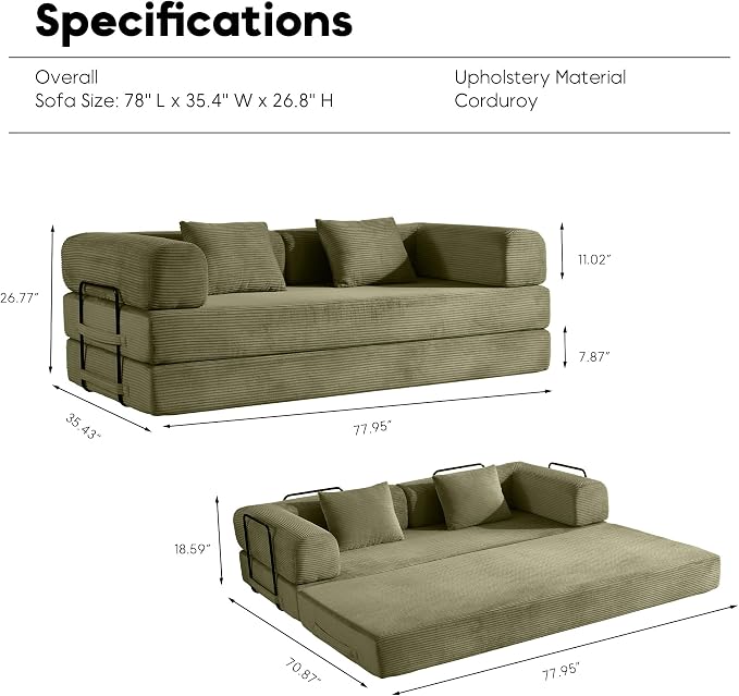 ZEIINPA Convertible Folding Couch Bed, Comfy Corduroy Sleeper Floor Sofa Bed - Image 2