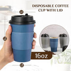 LITOPAK 100 Pack 16 oz Disposable Paper Coffee Cups with Lids, Sleeves and Stirring Sticks for Hot Coffee, Water or Juice, Blue and Gray Hot Paper Cups for Cafes, schools, offices, shops