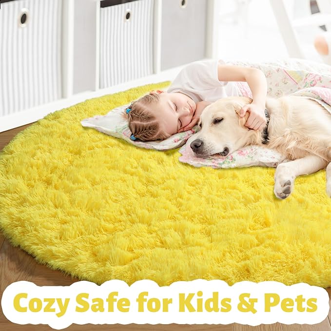 Amdrebio Yellow Shag Fuzzy Large Round Area Rug 6Ft - Image 2
