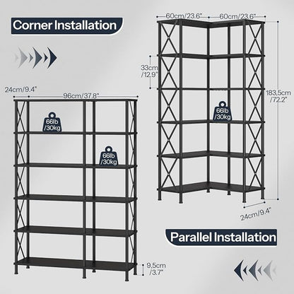 HOOBRO Corner Bookshelf, 6-Tier L-Shaped Bookcase, Industrial Open Display - Image 2