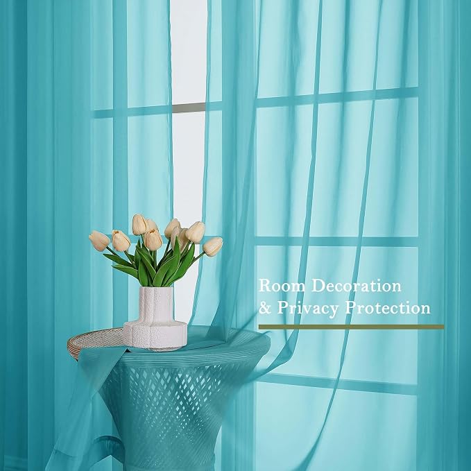 Turquoise Sheer Curtains 96 Inches Long 2 Pcs, Light Filtering Window Curtains - Image 4