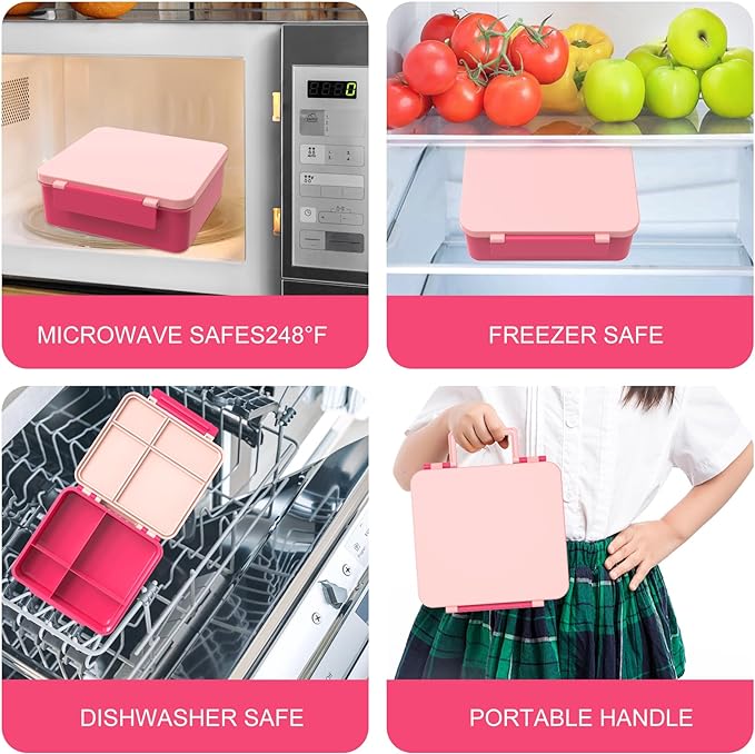 Kids Bento Lunch Box with 8oz Soup Thermo, Water Bottle, Leakproof Lunch Food Containers with 4 Compartment, Kids Insulated Hot Food Jar with Lunch Bag for School(Pink)