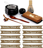 Artcome 10Pcs Japanese Matcha Tea Set, Matcha Bowl, Matcha Whisk, Whisk Holder, Traditional Scoop, Tea Spoon, Tea Cloth, Bamboo Holder, Scoop Holder, Matcha Powder Caddy, Matcha Powder Strainer(Black)