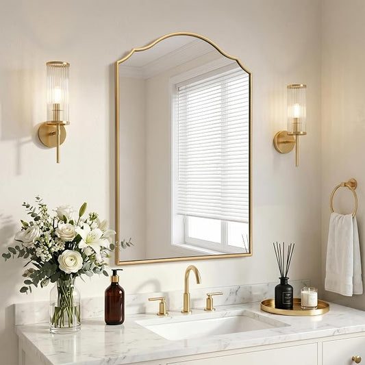 Besdomus Scalloped Gold Mirror for Bathroom: 24"x36" Minimalist Modern Arched by Besdomus