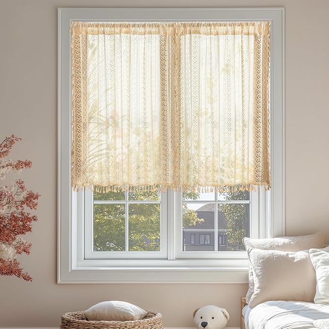 Sutuo Home Beige Lace Boho Curtains 45 Inches 2 Panels, Semi Sheer Small Window - Image 2
