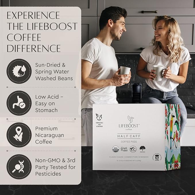 Lifeboost Half Caff Coffee K Cups - Low Acid Half Caff Coffee Pods - Single Origin Non-GMO Mold Free Pods Compatible with Keurig & Keurig 2 - No Mycotoxins or Pesticides - 10 Count