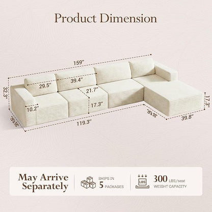 Vesgantti 159" Large Modular Sectional Sofa, L-Shaped Corduroy Cloud Couch - Image 2