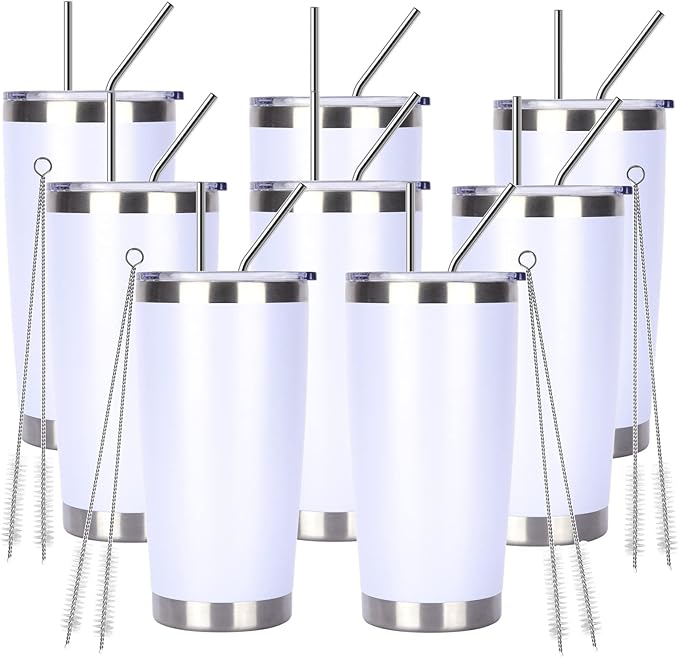 Pandance 20oz Stainless Steel Insulated Tumblers with Lid and Straw Bulk, Double Wall Vacuum Water Cups for Hot & Iced Coffee Drinks Travel Mug (White, 8 pack)