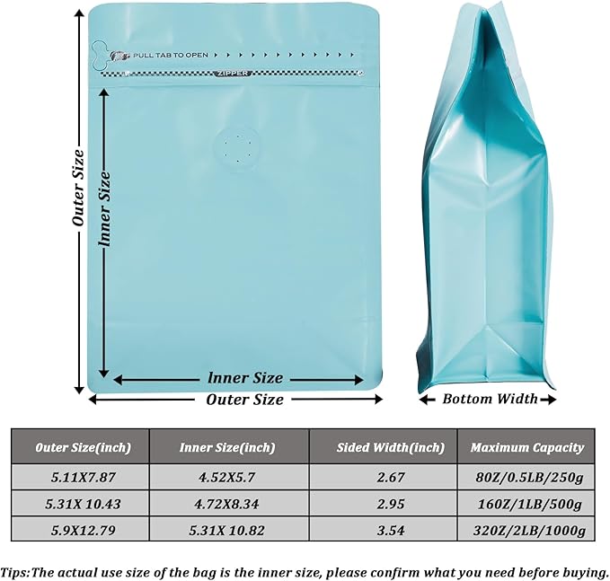Coffee Bags with Valve (50 PCS,16oz/1lb) Blue High Barrier Aluminum Foil Flat Bottom Standing Coffee Beans Storage Packaging Bags, Reusable Heat Seal Side Zipper Pouches for Small Business and Home