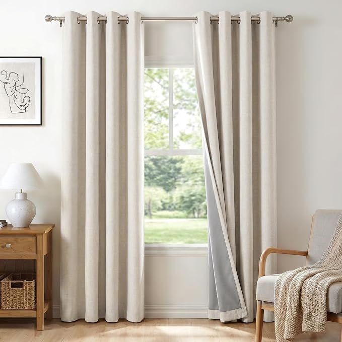 100% Blackout Linen Textured Curtains 96 Inch Long, Light Blocking, Thermal by 100BlackoutShield