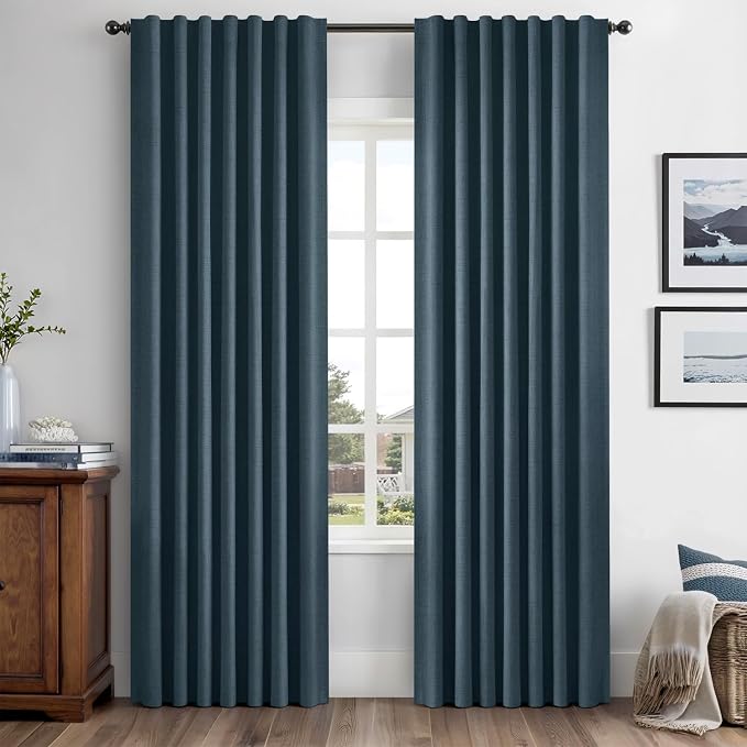 MIULEE 100% Blackout Linen Curtains 42 x 84 Inch Navy Blue 2 Panels | Thermal by MIULEE