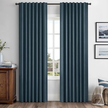 MIULEE 100% Blackout Linen Curtains 42 x 90 Inch Navy Blue 2 Panels | Thermal by MIULEE