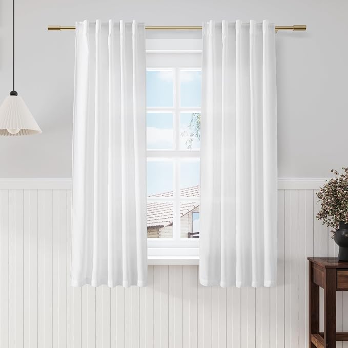 White Linen Curtains 64 Inches Long 2 Panels Set Back Tab Rod Pocket Semi Sheer by Nanspring