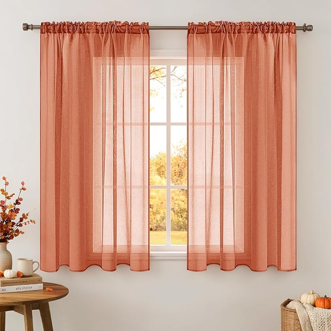 MIULEE Fall Burnt Orange Linen Textured Semi-Sheer Curtains 54W×63L | Semi by MIULEE