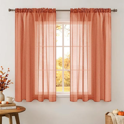 MIULEE Fall Burnt Orange Linen Textured Semi-Sheer Curtains 54W×63L | Semi by MIULEE