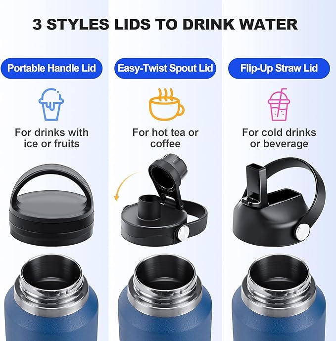 40 oz Insulated Water Bottle with Straw fit in Car Cup Holder(Cold 48 hrs, Hot 24 hrs) Drinking Bottle with Straw Lid, Spout Lid and Flex Cap Leakproof Travel Thermo Mug，Mint - Pink - Purple